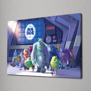 Stampa su tela Monsters & Co., stampa su tela Pixar, decorazioni per la cameretta dei bambini, poster dei cartoni animati, decorazioni da parete per la cameretta dei bambini, tela di Mike Sulley, arte di film d'animazione