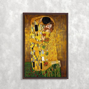 The Kiss by Gustav Klimt Canvas,Romantic Wall Art Print,Klimt Reproduction Canvas print,Framed Ready to Hang Canvas  for Elegant Home Decor