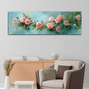 Pink Rose Canvas Wall Art, Floral Painting Print with Teal Background, Romantic Horizontal Panoramic Decor for Bedroom or Gift