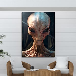 Alien Wall Art, Sci-Fi Canvas Print, Extraterrestrial Poster, Modern Space Decor, Futuristic Wall Artwork, Creepy Alien Portrait Art