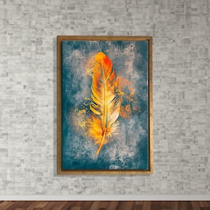 Abstracte gele veren kunst aan de muur, cadeau canvas, veren poster print, kleurrijke veren muur decor, oversized canvas, afdrukbare muurkunst,