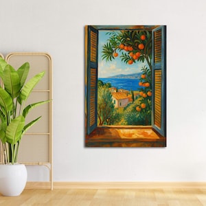 Mediterranean Window View Canvas, Orange Tree Sea Landscape Art, Sunny Coastal Wall Print, Tuscany Inspired Summer Home Decor Poster