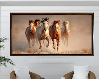 Wild Horses Canvas Wall Art, Running Horse Panorama Print, Western Desert Landscape Decor, Powerful Nature Artwork for Living Room