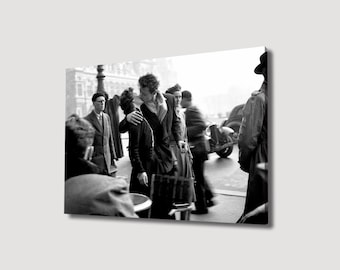 Romantischer Paris Kuss Leinwand Wand Kunst, Vintage Schwarz Weiß Fotografie Druck, Französische Liebe Poster, Klassische Paar Wohnkultur, Geburtstagsgeschenk