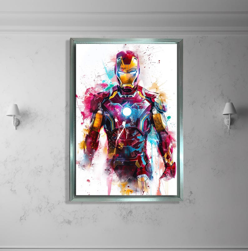 K&ouml;nnte beinhalten: Gerahmter Aquarelldruck von Iron Man. Das Kunstwerk zeigt eine lebendige Darstellung des Superhelden in seinem ikonischen Anzug, mit einem dynamischen Farbspritzer in Rot, Gelb, Blau und Pink. Der Druck ist in einem silbernen Rahmen eingefasst.