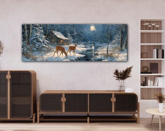 Winter Cabin with Deer Canvas Wall Art, Snowy Forest Landscape Painting, Rustic Lodge Decor, Peaceful Nature Scene for Living Room or Cabin