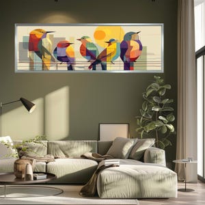 Panoramic Birds Wall Art, Colorful Horizontal Canvas Print, Modern Abstract Bird Decor, Mid-Century Style Art for Living Room or Office