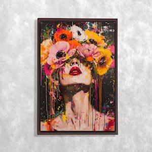 Lienzo de mujer con salpicaduras de color, arte de rostro femenino con flores, impresión vibrante, arte de pared imprimible, decoración floral moderna para pared, idea de regalo en lienzo