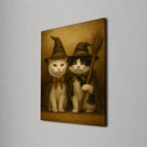 Halloween Cats Canvas Wall Art, Witch Hat Black White Cat Print, Cute Spooky Pet Artwork, Magical Feline Poster for Home Decor
