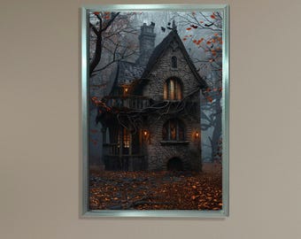 Lienzo decorativo de casa embrujada, decoración de Halloween, impresión de cabaña en un bosque espeluznante, obra de arte de fantasía oscura, tapiz gótico enmarcado para el hogar.