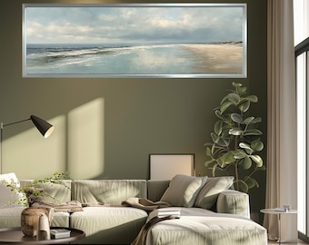 Calm Coastal Canvas Wall Art, Panoramic Seaside Horizon Painting Print, Neutral Beach Landscape for Bedroom Decor, Horizontal Ocean View