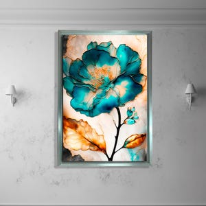 Turquoise floral canvas wall art, teal and gold flower print, watercolor botanical painting, elegant nature decor, modern abstract bloom