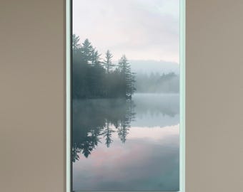 Misty Lake Landscape Canvas Art, Calm Forest Reflection Wall Decor, Serene Nature Painting for Bedroom or Living Room Tranquility