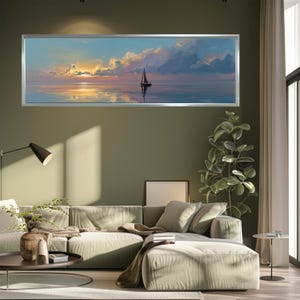 Sunset Sailboat Canvas Wall Art, Panoramic Ocean Painting, Serene Seascape Print for Living Room, Office, or Nautical Beach Decor