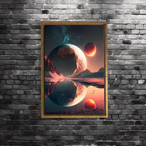 Surreal space landscape canvas, alien planet wall art, sci-fi fantasy print, cosmic reflection artwork, red moon celestial decor