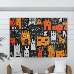 Moderne kleurrijke kattenkunstdruk, abstracte katachtige muurdecoratie, ingelijste poster kunstcanvas voor kinderkamer, speelse kamerinrichting, cadeau voor kattenliefhebber