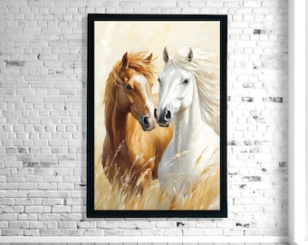 Quadro da parete raffigurante un cavallo, stampa su tela di uno stallone selvaggio, decorazione equina romantica, dipinto di un cavallo bianco e marrone, regalo rustico western