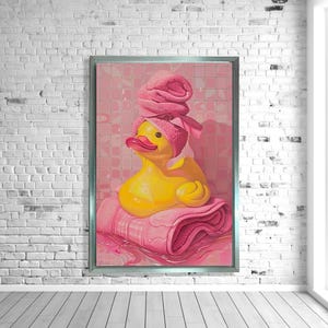 Rubber Duck Bathroom Art, Cute Pink Wall Decor, Funny Duck Canvas, Kids Bathroom Print, Playful Bath Time Poster, Framed Wall Decor