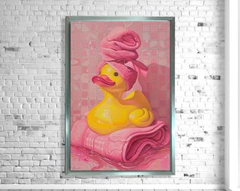 Gummiente Badezimmer Kunst, süßes rosa Wanddekor, lustige Entenleinwand, Kinder Badezimmer Poster, spielerische Badezeit Poster, gerahmte Wanddekoration