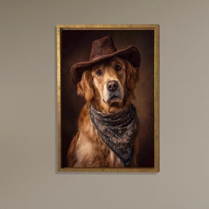Cowboy Golden Retriever Wall Art, Western Dog Canvas Print, Funny Dog Portrait, Rustic Animal Decor, Pet Lover Gift, Farmhouse Style