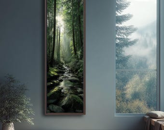 Forest Wall Art, Tranquil Nature Canvas Print, Vertical Woodland Stream Poster, Green Forest Wall Decor, Modern Botanical Artwork