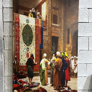 Arte mural de un mercado de alfombras orientales, impresión en lienzo de un bazar histórico, pintura de la época otomana, escena vintage de Oriente Medio, decoración de estilo antiguo