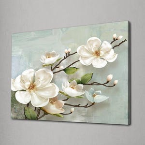 Magnolia Flower Canvas Wall Art, Elegant Floral Painting, White Blossom Botanical Print, Living Room Nature Decor, Framed Canvas Poster