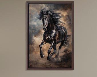 Running Black Horse Canvas Wall Art, Wild Stallion Painting, Powerful Animal Poster, Dark Equine Decor, Framed Canvas, Black Frame