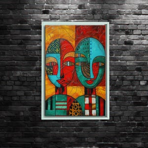 African Abstract Faces Canvas Wall Art, Tribal Boho Home Decor, Colorful Geometric Painting, Bold Modern Ethnic Artwork, Statement Print