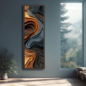 Abstract Wood Wave Wall Art, Tall Rustic Vertical Canvas, Neutral Earth Tone Decor, 3D Texture Effect, Hallway or Entryway Artwork