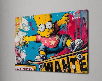 Bart Simpson Wandkunst, Graffiti Skateboard Leinwand, Pop Art Street Style Druck, Urban Teen Dekor, Bold Cartoon Poster, Geschenk für Ihn