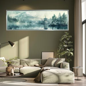 Japanese Temple Canvas Wall Art, Mount Fuji Landscape Print, Zen Tranquil Nature Decor, Horizontal Panoramic Art for Home or Office