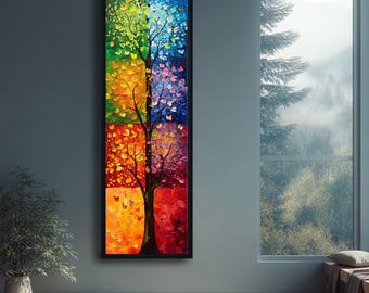 Colorful seasons tree canvas wall art, vertical abstract painting, rainbow four seasons artwork, modern living room vibrant wall decor