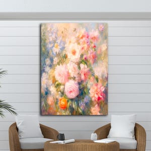 Flower wall art canvas, pastel floral painting, romantic peony artwork, soft pink flower decor, cottagecore art, feminine wall print