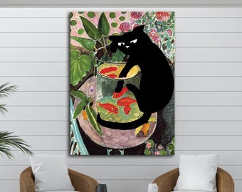 グレーキャットの金魚鉢アート：サイン入り額入りプリント、猫好きへの