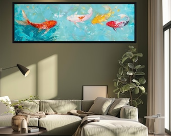 Koi Fish Canvas Wall Art, Panoramic Colorful Pond Painting Print, Vibrant Zen Inspired Decor for Living Room, Horizontal Aquatic Artwork