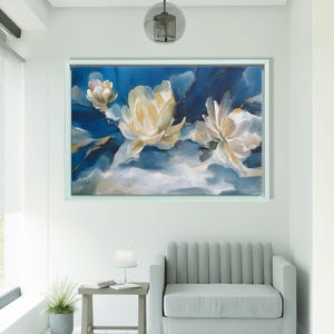 Abstract White Blue Flower Canvas, Spring flower wall art, Abstract Flowers Poster, Modern Artwork, Printable Wall Art, Framed Wall Decor