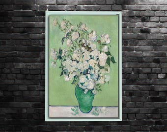 Van Gogh Roses Leinwand, Grüne Blumenwand Kunstdruck, Vintage Botanisches Poster, Klassische Kunst für Wohnzimmer, Von der Natur inspirierte Dekoration