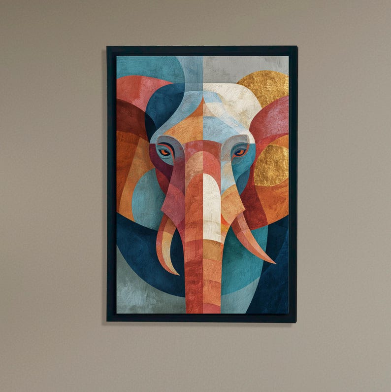 May include: Geometric elephant art print in a black frame. The artwork features a colorful, abstract design of an elephant's face, with shades of blue, orange, red, and gold. The elephant's form is created using geometric shapes.