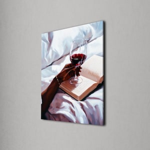 Wine and Book Wall Art, Cozy Bed Scene Canvas Print, Relaxation Decor Gift, Woman holding Wine, Modern Wall Decor, Framed Art, Unique Gift
