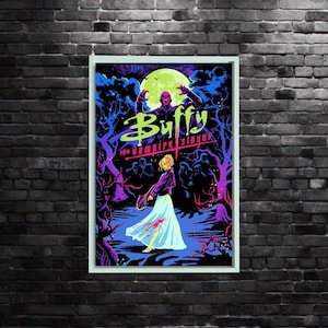 Buffy Vampire Slayer Poster, Neon Horror Wall Art, Retro Comic Style Canvas with Framed, Movie Wall Art Decor, Cult TV Show Fan Gift