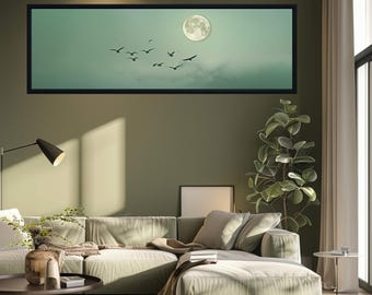 Full Moon Bird Flight Canvas, Panoramic Night Sky Wall Art, Soothing Green Mist Landscape Print, Horizontal Bedroom Wall Decor