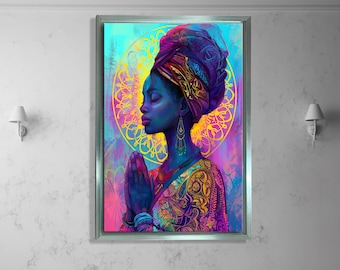 May include: A framed art print featuring a vibrant portrait of a woman with a colorful head wrap and ornate jewelry. The artwork showcases a spiritual theme with a glowing mandala in the background, rendered in shades of blue, purple, yellow, and pink.