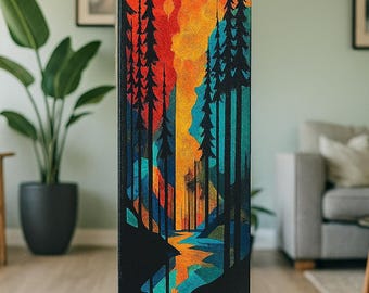 Abstract forest landscape wall art, modern orange and teal river canvas print, vertical artwork for hallway, living room, entry space