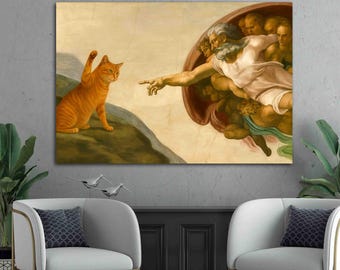 Funny Creation of Adam Cat Canvas, Michelangelo Meme Wall Art, God and Cat Paw Print, Renaissance Parody Poster, Humorous Pet Decor