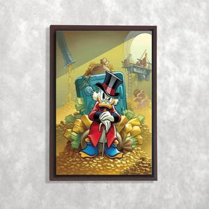 Stampa artistica da parete di Paperone, tela con cartoni animati retrò, stampa pop art del Trono del denaro, decorazione in stile fumetto, opera d'arte in oro di DuckTales