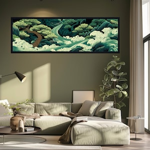 Japanese Wave Tree Canvas Art, Panoramic Zen Wall Decor, Dark Green Tranquil Landscape Print, Horizontal Living Room Wall Artwork