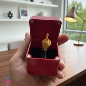 Op de afbeelding: Een rode vierkante doos met een scharnierend deksel, open om een gele hand te onthullen die de middelvinger opsteekt, gemonteerd op een zilveren veer. De doos wordt in een hand gehouden.