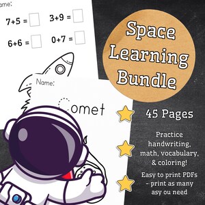May include: A space-themed learning bundle with a cartoon astronaut illustration. Includes math problems, handwriting practice, and vocabulary exercises. The bundle features the text "Space Learning Bundle" and "45 Pages".