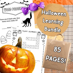 May include: A Halloween-themed learning bundle with 85 pages. The image includes a carved pumpkin, a black cat silhouette, and a crossword puzzle. A brown paper bag displays the text "85 PAGES!" and a circular sign reads "Halloween Learning Bundle."
